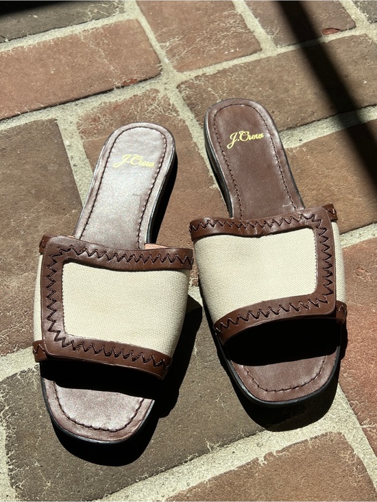 J. Crew Shoes - J. Crew Brown Leather & Cream Canvas Slide Sandals